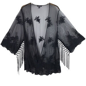 TORRID Sheer Cardigan Kimono Black Embroidered Fringe Tassels Boho Size 1X 2X